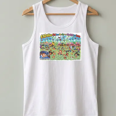 Colorful cartoon T-shirt featuring children playing in money with whimsical text — printed on a tank top