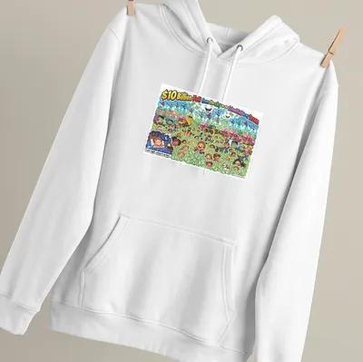 Colorful cartoon T-shirt featuring children playing in money with whimsical text — printed on a unisex hoodie