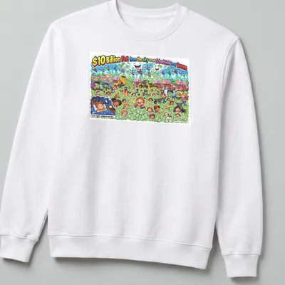 Colorful cartoon T-shirt featuring children playing in money with whimsical text — printed on a unisex sweatshirt