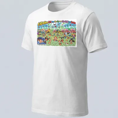 Colorful cartoon T-shirt featuring children playing in money with whimsical text