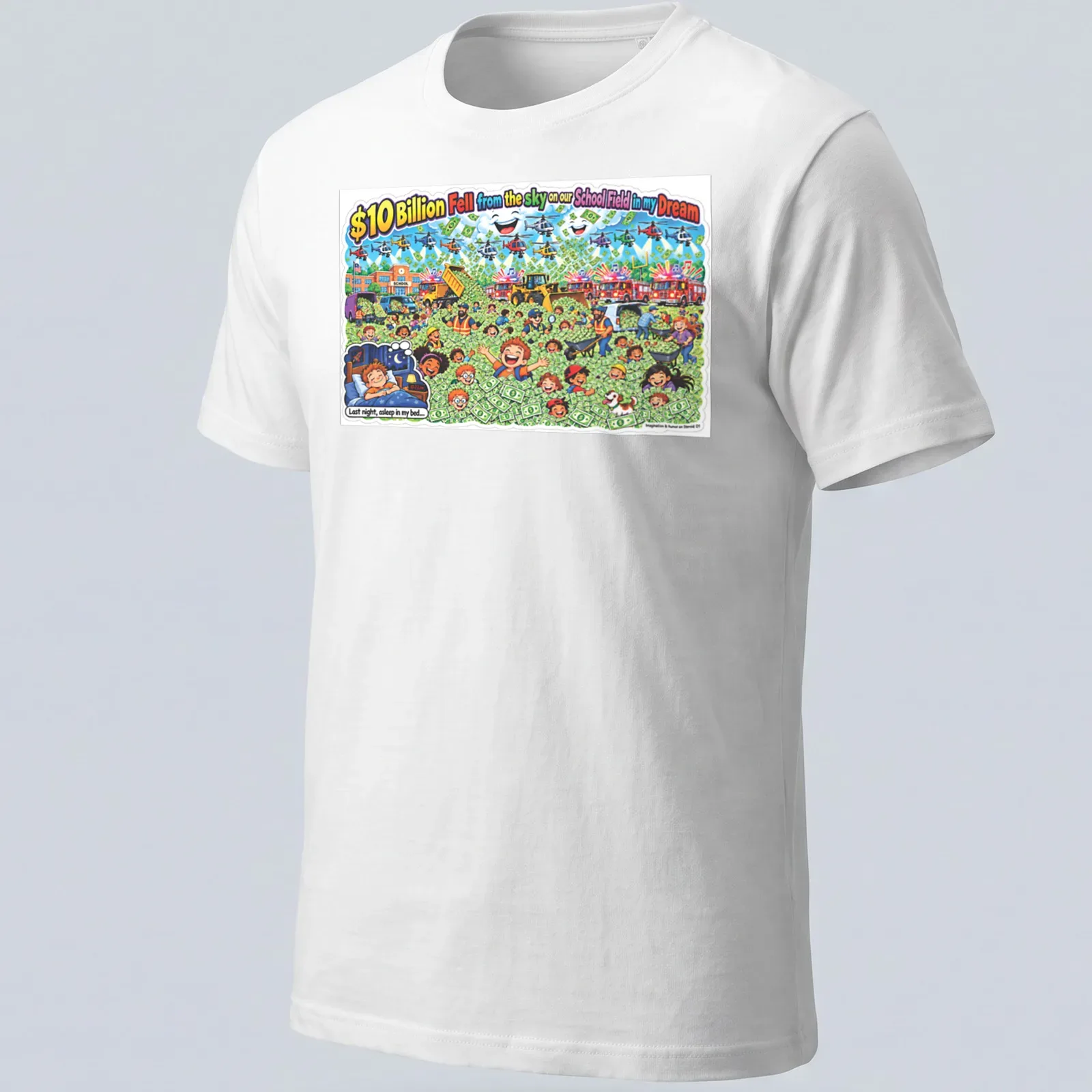 Colorful cartoon T-shirt featuring children playing in money with whimsical text — printed on a unisex t-shirt