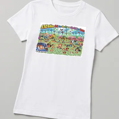 Colorful cartoon T-shirt featuring children playing in money with whimsical text — printed on a women's shirt
