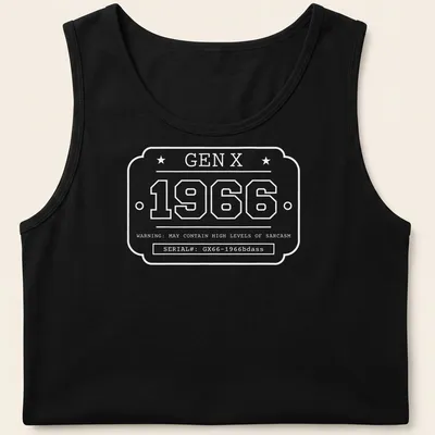 Vintage industrial badge design featuring '1966 GEN X' in black, white, and red — printed on a tank top