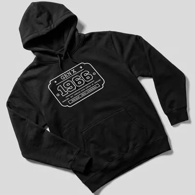 Vintage industrial badge design featuring '1966 GEN X' in black, white, and red — printed on a unisex hoodie