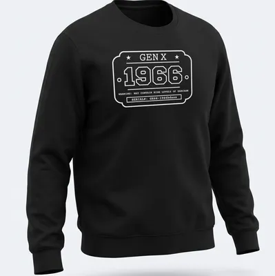 Vintage industrial badge design featuring '1966 GEN X' in black, white, and red — printed on a unisex sweatshirt