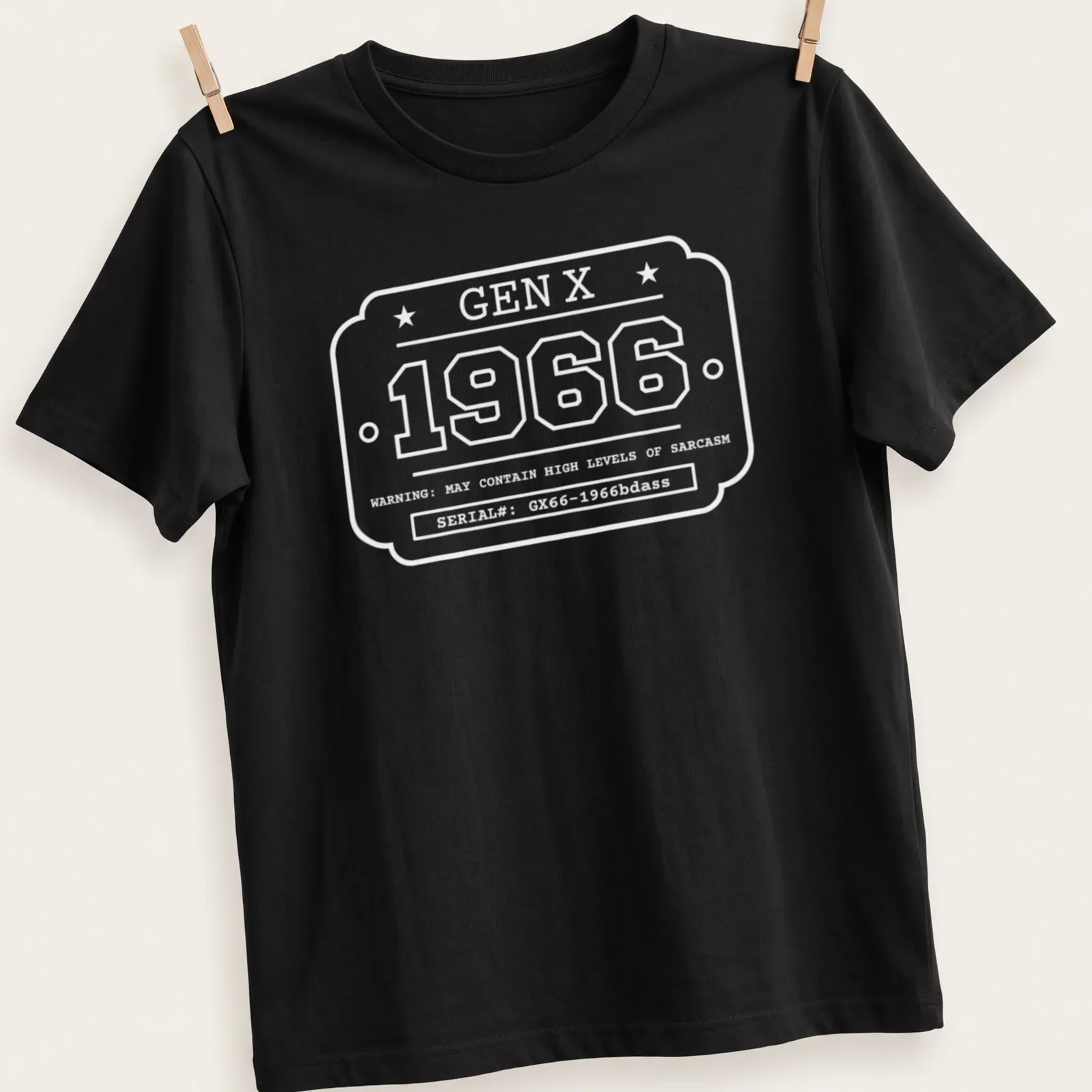 Vintage industrial badge design featuring '1966 GEN X' in black, white, and red — printed on a unisex t-shirt