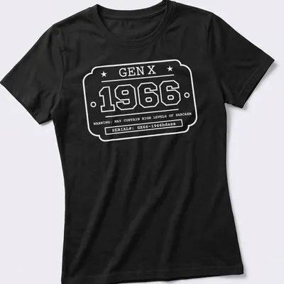 Vintage industrial badge design featuring '1966 GEN X' in black, white, and red — printed on a women's shirt