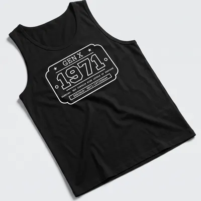 Vintage industrial label with '1971 GEN X' in black, yellow, and white. — printed on a tank top