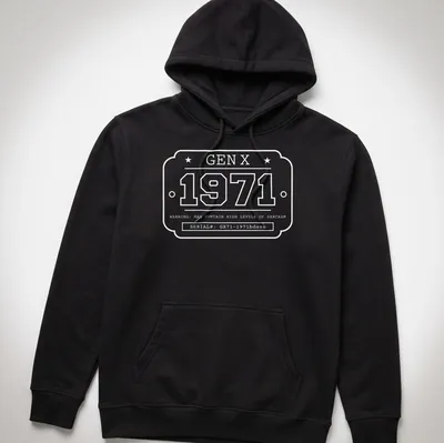 Vintage industrial label with '1971 GEN X' in black, yellow, and white. — printed on a unisex hoodie
