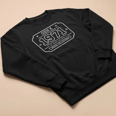 Vintage industrial label with '1971 GEN X' in black, yellow, and white. — printed on a unisex sweatshirt