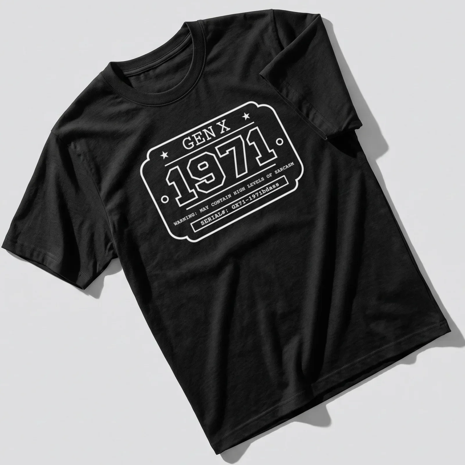 Vintage industrial label with '1971 GEN X' in black, yellow, and white. — printed on a unisex t-shirt