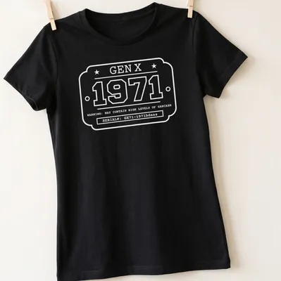 Vintage industrial label with '1971 GEN X' in black, yellow, and white. — printed on a women's shirt