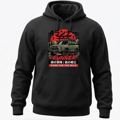 Bold graphic of a Toyota 4Runner with adventurous theme colors — printed on a unisex hoodie