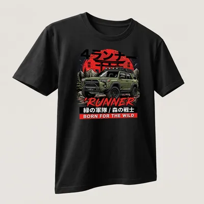 Bold graphic of a Toyota 4Runner with adventurous theme colors — printed on a unisex t-shirt (angled view)