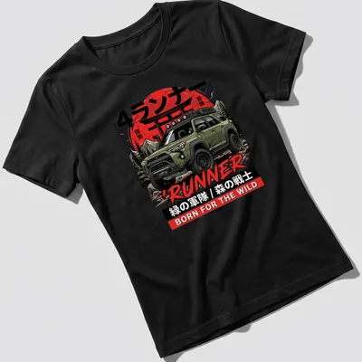 Bold graphic of a Toyota 4Runner with adventurous theme colors — printed on a women's shirt