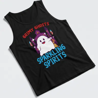 Cartoonish Halloween shirt featuring cute ghosts and colorful text — printed on a tank top