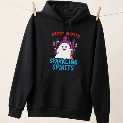 Cartoonish Halloween shirt featuring cute ghosts and colorful text — printed on a unisex hoodie