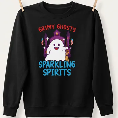 Cartoonish Halloween shirt featuring cute ghosts and colorful text — printed on a unisex sweatshirt
