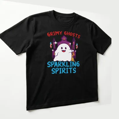 Cartoonish Halloween shirt featuring cute ghosts and colorful text — printed on a unisex t-shirt (angled view)