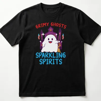 Cartoonish Halloween shirt featuring cute ghosts and colorful text