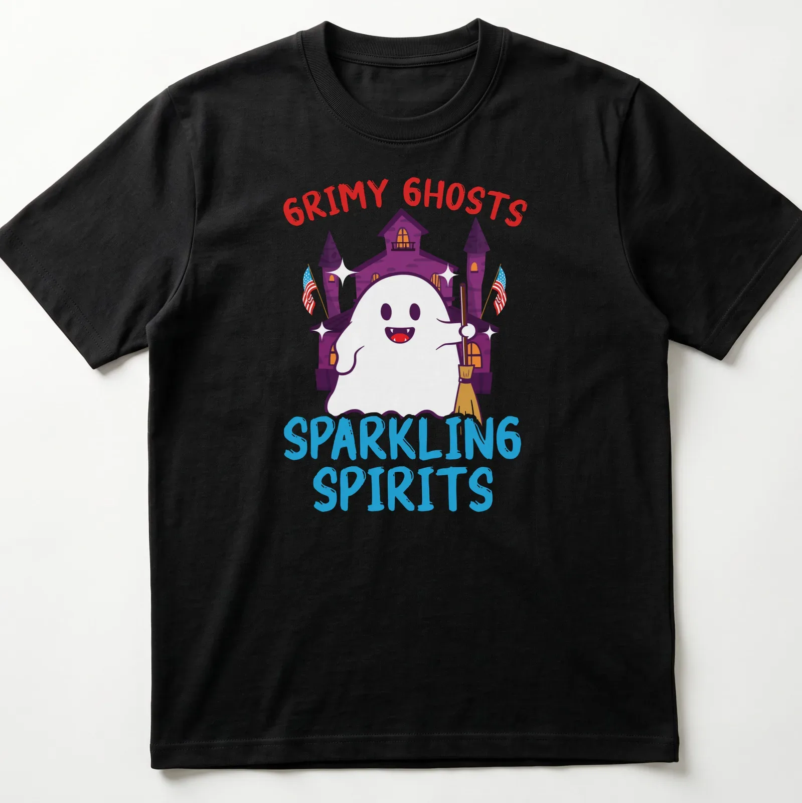 Cartoonish Halloween shirt featuring cute ghosts and colorful text — printed on a unisex t-shirt