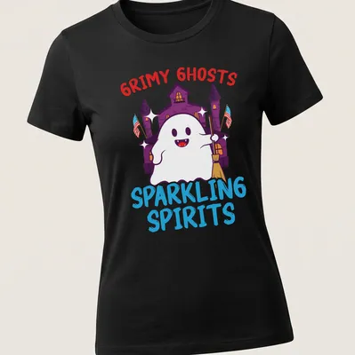Cartoonish Halloween shirt featuring cute ghosts and colorful text — printed on a women's shirt