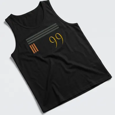Modern geometric sports T-shirt with bold '99' in gold and black — printed on a tank top