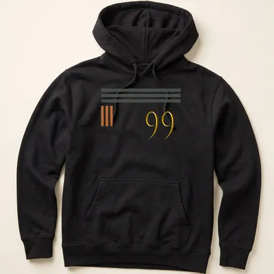 Modern geometric sports T-shirt with bold '99' in gold and black — printed on a unisex hoodie