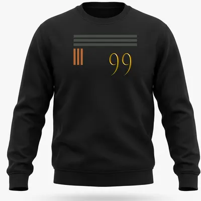 Modern geometric sports T-shirt with bold '99' in gold and black — printed on a unisex sweatshirt