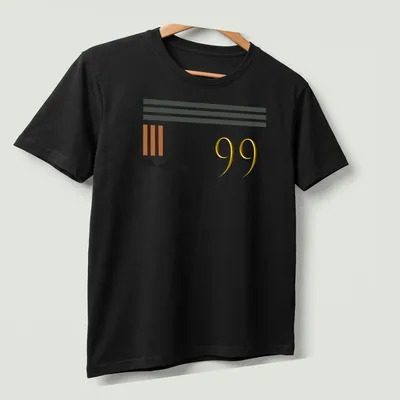 Modern geometric sports T-shirt with bold '99' in gold and black — printed on a unisex t-shirt (angled view)