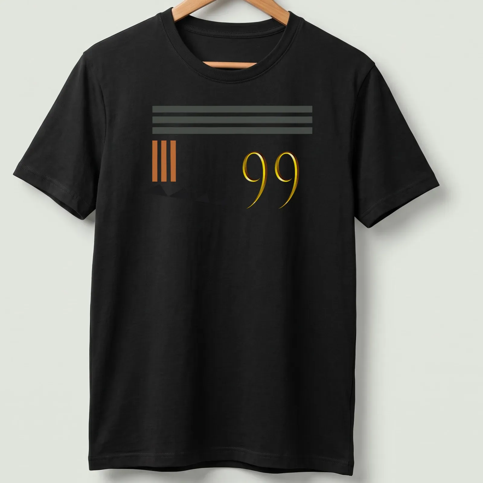 Modern geometric sports T-shirt with bold '99' in gold and black — printed on a unisex t-shirt