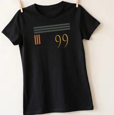 Modern geometric sports T-shirt with bold '99' in gold and black — printed on a women's shirt