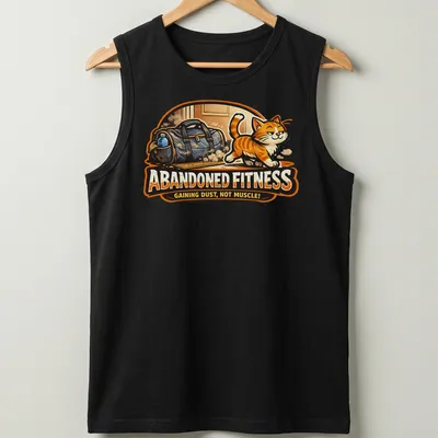 Cartoon T-shirt featuring an orange tabby cat lounging by a gym bag with humorous text. — printed on a tank top