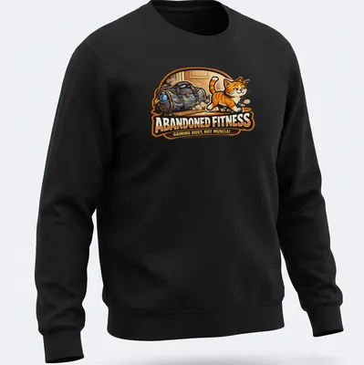 Cartoon T-shirt featuring an orange tabby cat lounging by a gym bag with humorous text. — printed on a unisex sweatshirt