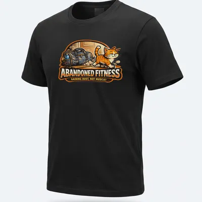 Cartoon T-shirt featuring an orange tabby cat lounging by a gym bag with humorous text.