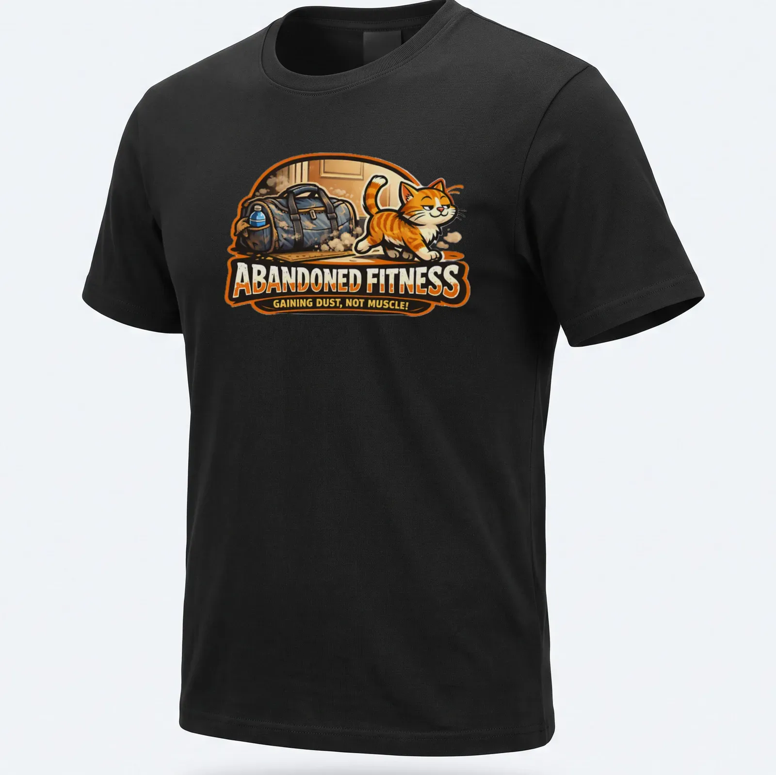 Cartoon T-shirt featuring an orange tabby cat lounging by a gym bag with humorous text. — printed on a unisex t-shirt