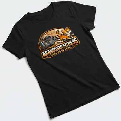 Cartoon T-shirt featuring an orange tabby cat lounging by a gym bag with humorous text. — printed on a women's shirt