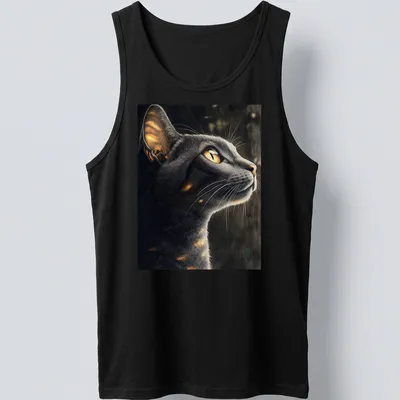 Realistic print of an Abyssinian cat with golden eyes in moonlight — printed on a tank top