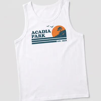 Retro distressed Acadia Park T-shirt featuring tree and cliff landscape — printed on a tank top