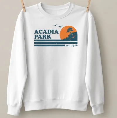 Retro distressed Acadia Park T-shirt featuring tree and cliff landscape — printed on a unisex sweatshirt