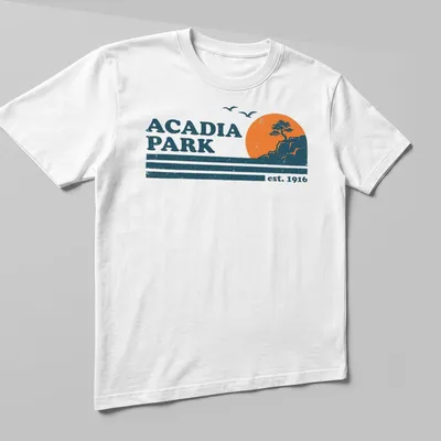 Retro distressed Acadia Park T-shirt featuring tree and cliff landscape — printed on a unisex t-shirt (angled view)