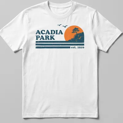 Retro distressed Acadia Park T-shirt featuring tree and cliff landscape — printed on a unisex t-shirt