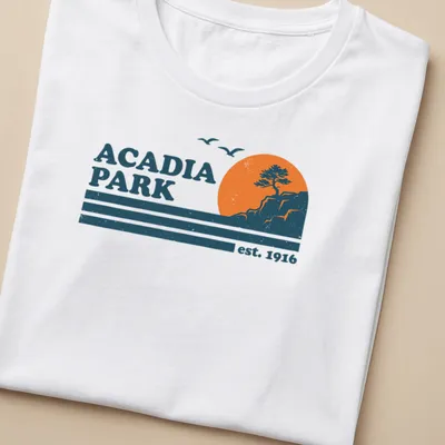 Retro distressed Acadia Park T-shirt featuring tree and cliff landscape — printed on a women's shirt