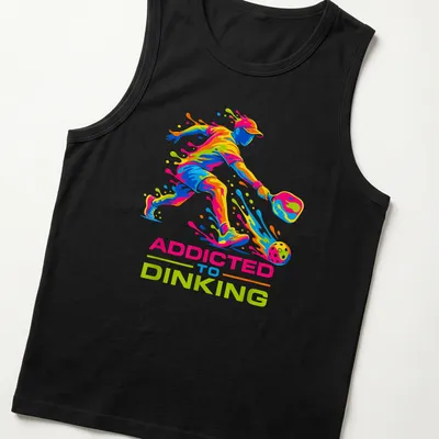 Colorful illustration of a pickleball player with dynamic splash art and text — printed on a tank top