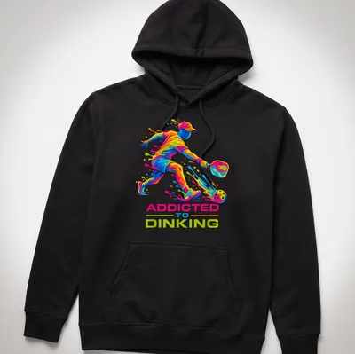 Colorful illustration of a pickleball player with dynamic splash art and text — printed on a unisex hoodie