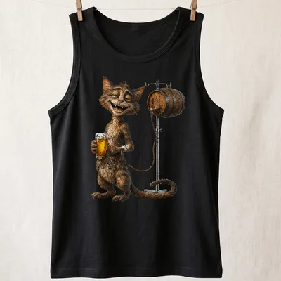 Humorous cartoon cat holding beer beside a barrel, with playful text — printed on a tank top