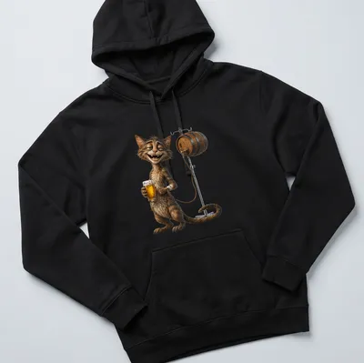 Humorous cartoon cat holding beer beside a barrel, with playful text — printed on a unisex hoodie