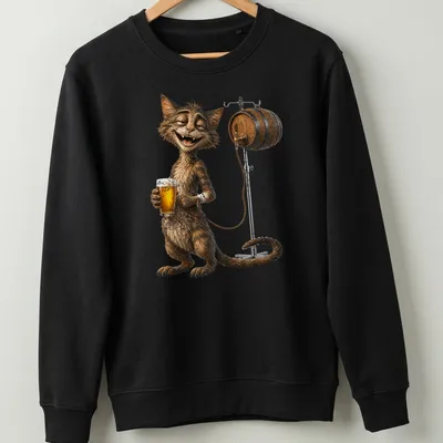 Humorous cartoon cat holding beer beside a barrel, with playful text — printed on a unisex sweatshirt