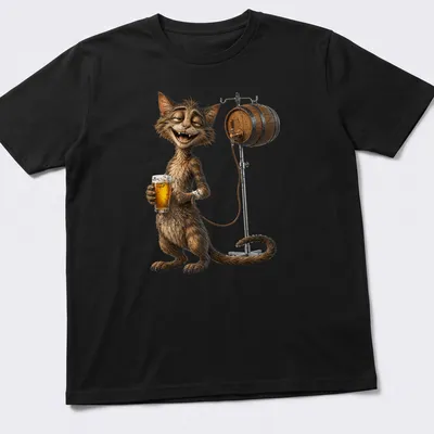 Humorous cartoon cat holding beer beside a barrel, with playful text — printed on a unisex t-shirt