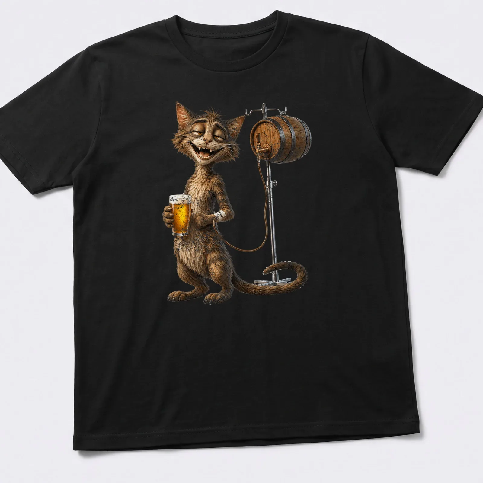 Humorous cartoon cat holding beer beside a barrel, with playful text — printed on a unisex t-shirt